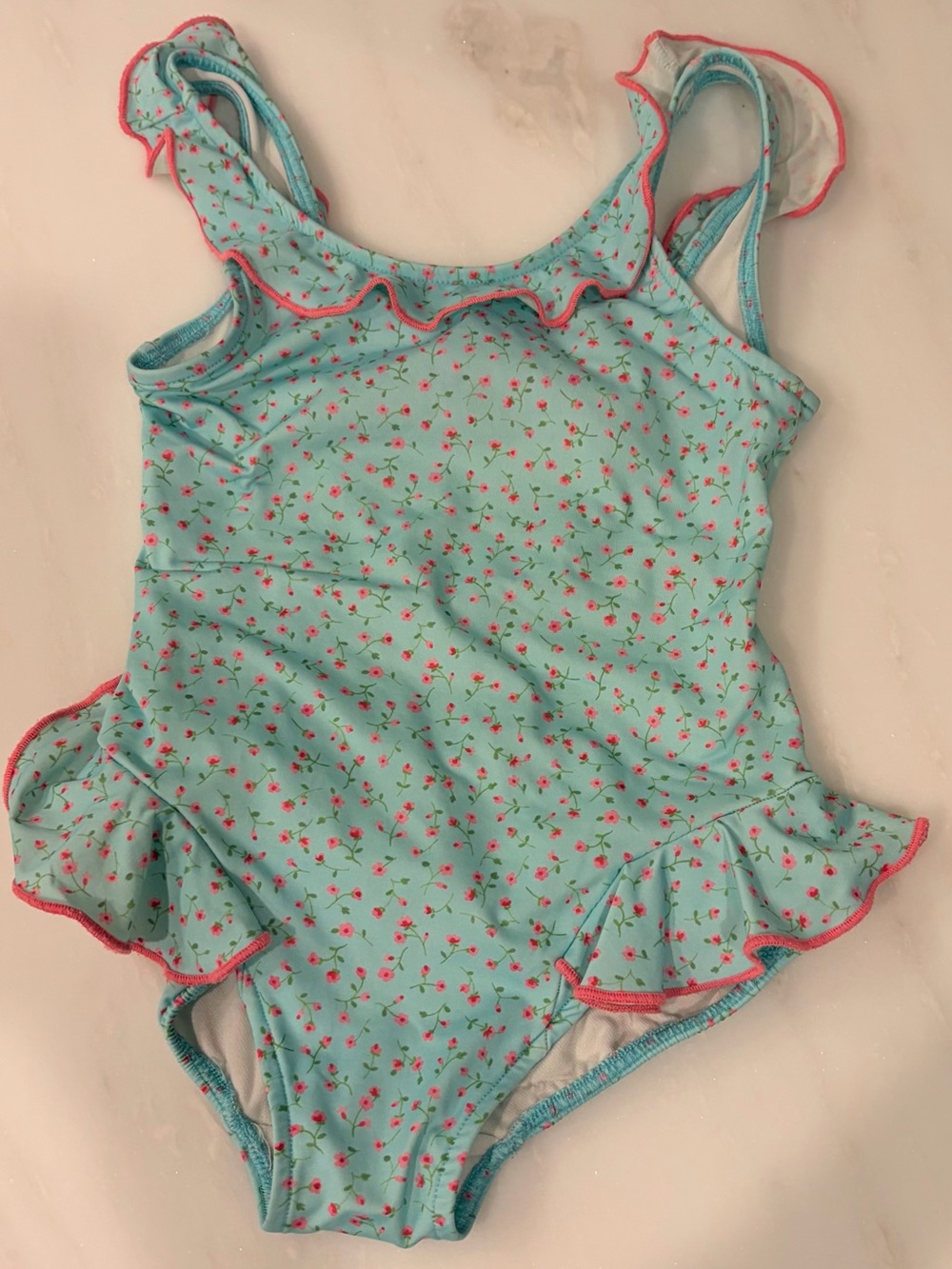 Girls' Aqua Floral Ruffle One-Piece Swimsuit by Florence Eiseman